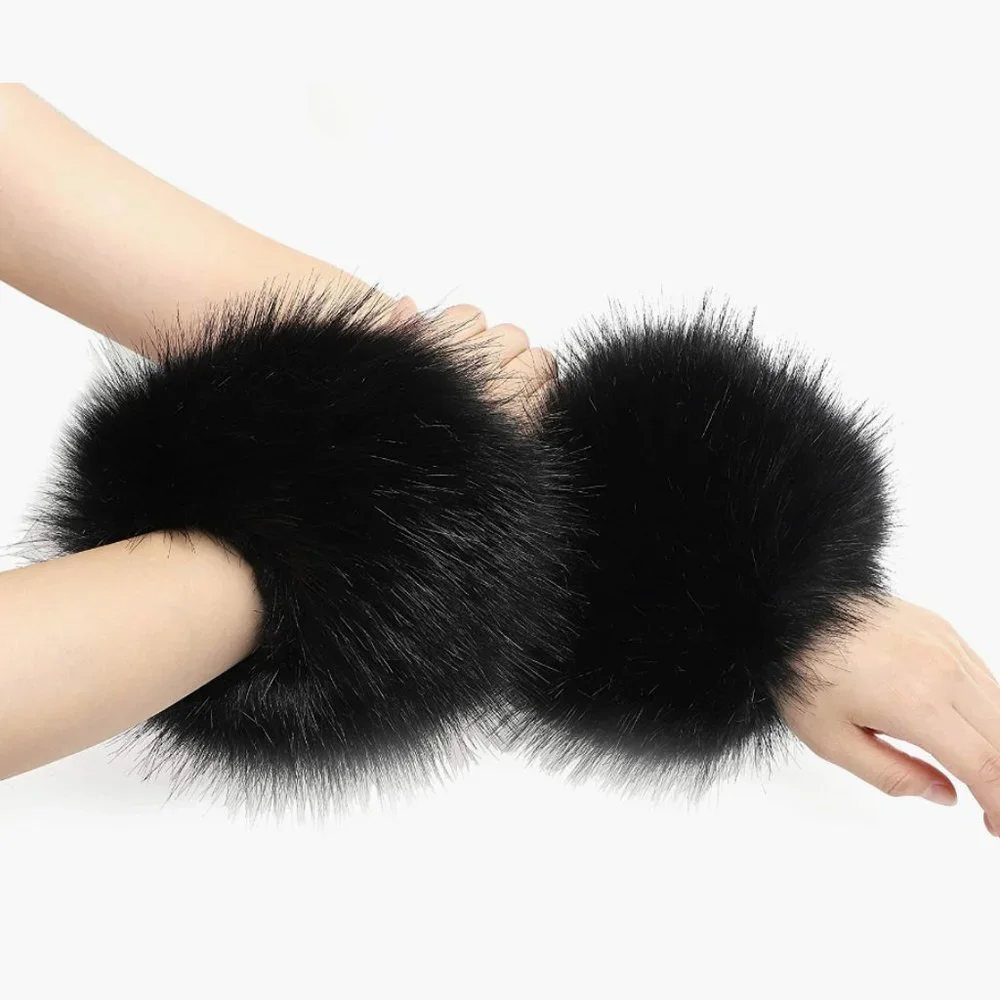 Black Fuzzy Faux Fur Pom Pom‎ Wrist Cuffs Furry Bands Arm Warmers